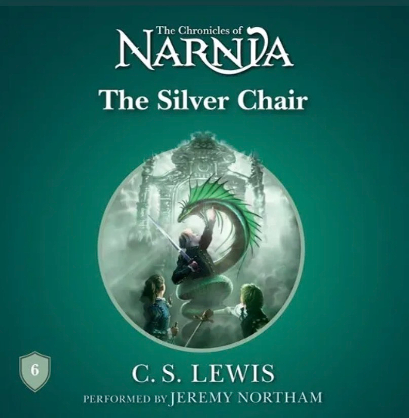 Auto-generated description: A fantasy scene featuring a knight confronting a green serpent with two children watching is depicted on the cover of The Chronicles of Narnia: The Silver Chair by C.S. Lewis.