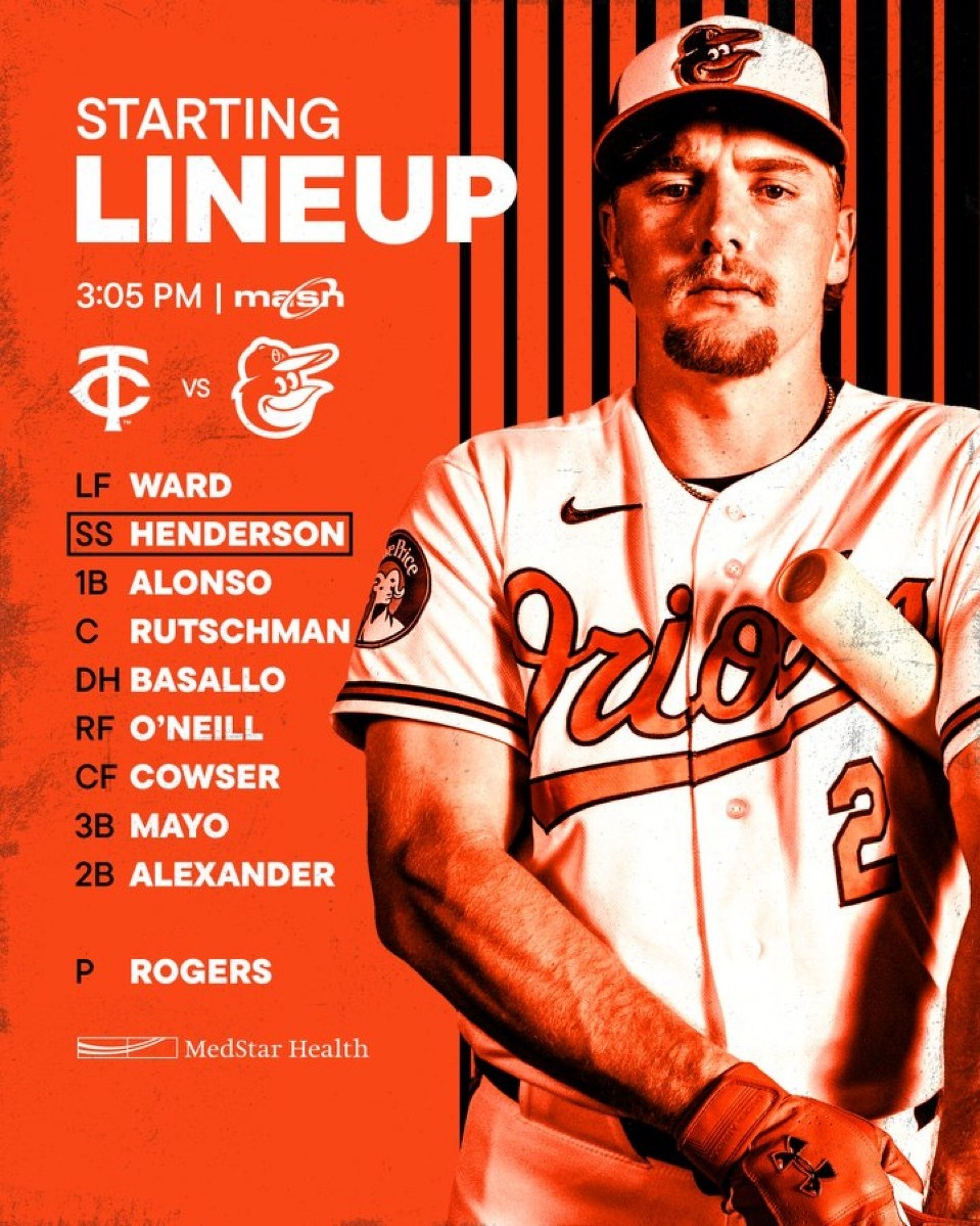 Auto-generated description: A baseball player stands in a uniform beside a lineup card for a game between the Twins and the Orioles, featuring details of the starting lineup and game time.